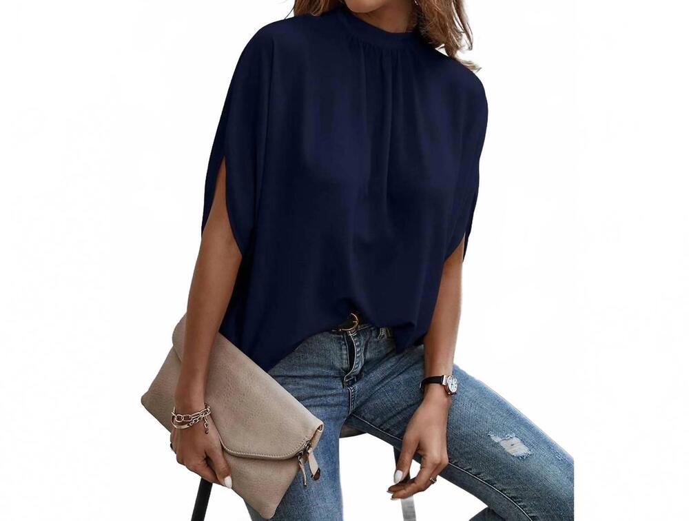 NEW SUPREME FASHION solid cape short sleeve loose top in navy